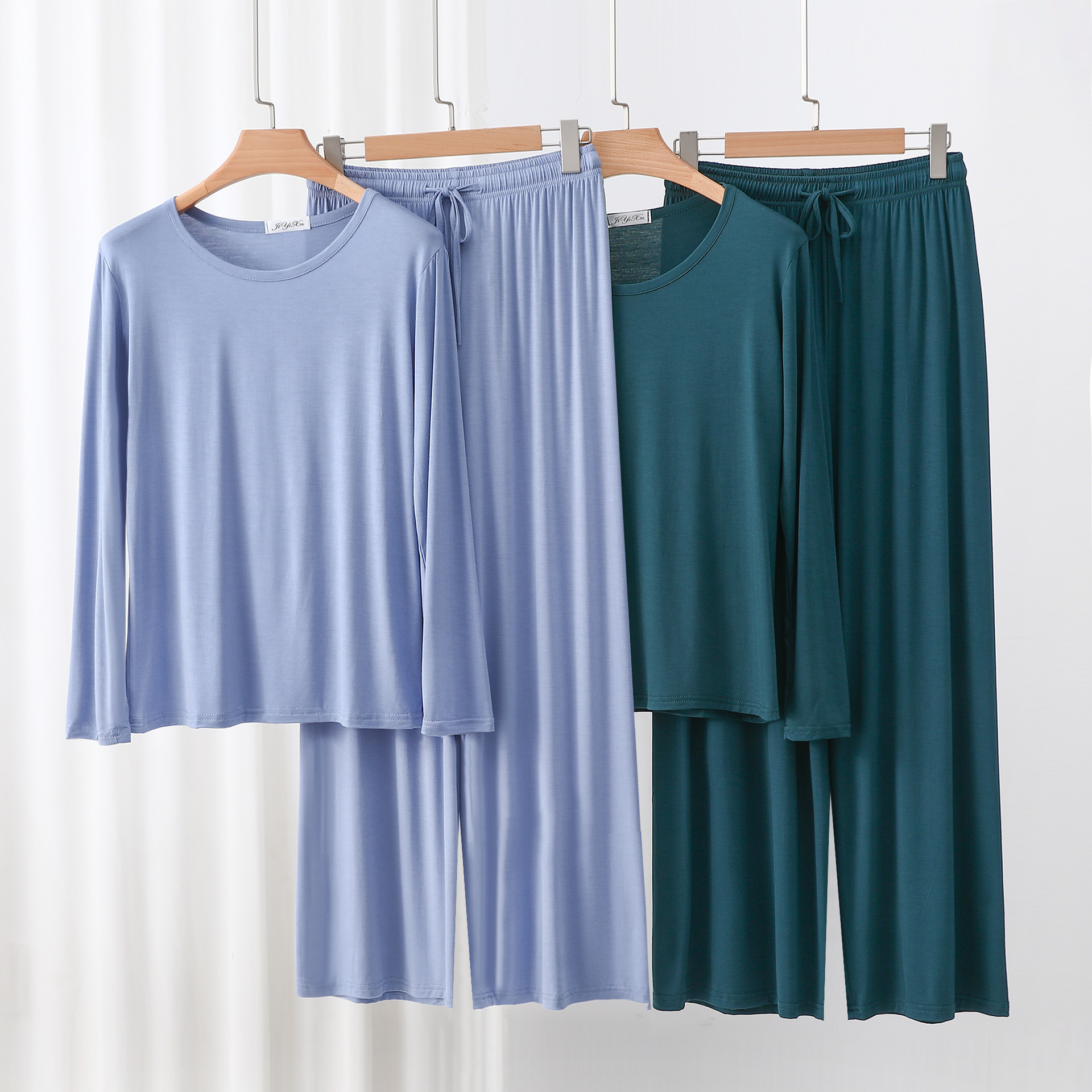 比特棉圆领长袖T恤拼色系带阔腿裤春秋款大码时尚休闲宽松两件套