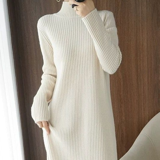 Fleece-Lined Thick Long Over-The-Knee Sweater Dress for Women, Autumn and Winter Half-High Collar Integrated Fleece, Versatile Knit Dress to Pair with Coats