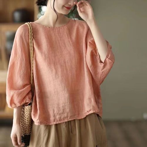 European-style temperament batwing sleeve seven-inch sleeve cotton linen top new spring and summer versatile loose hide belly large size women fashion