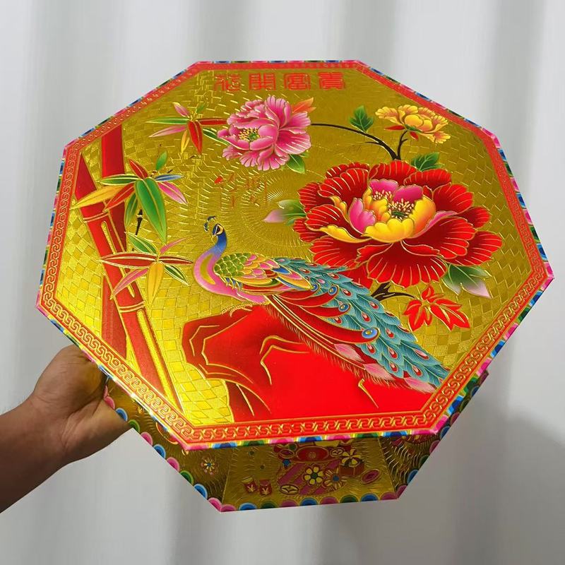 新品中秋折塔植绒烫金双层龙六角盒 花开富贵八角盒底座材料|undefined