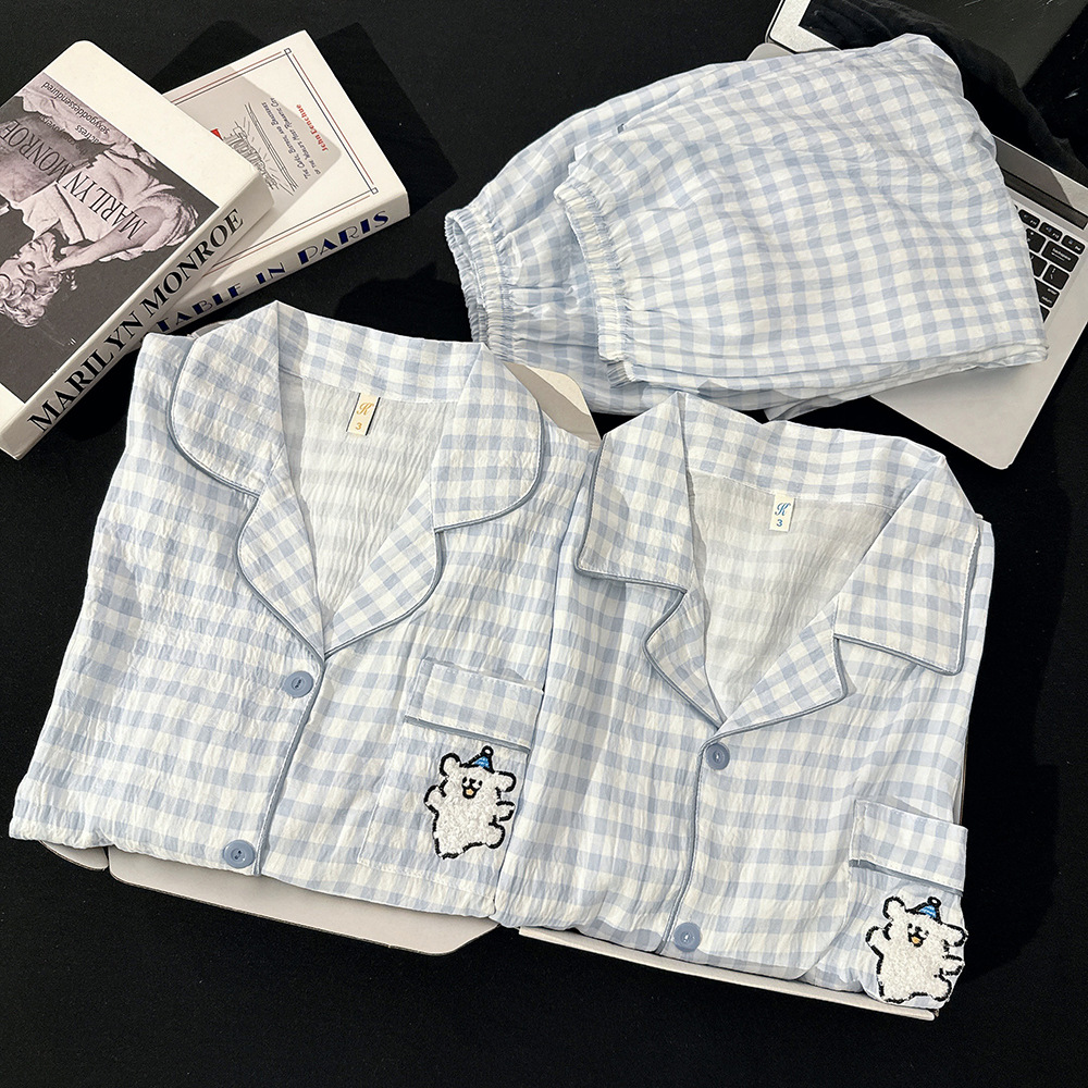 Spring and Autumn Couple Pajamas for Women and Men, Cloud Cotton Cardigan, Long-Sleeve Top and Long Pants, Cartoon Loungewear for Home and Outdoor Wear, Live Broadcast Style