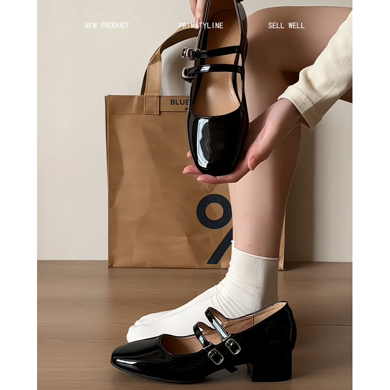 羊皮版！法式漆皮玛丽珍鞋女双扣带粗跟方头小皮鞋晚风黑色单鞋
