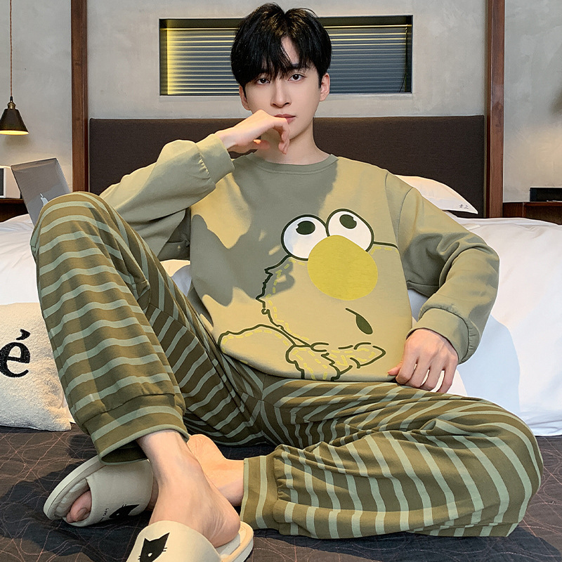 Spring and Autumn Pajamas for Men, Pure Cotton, Long-Sleeved, Plus Size for Teenagers, Spring and Summer Cartoon Style, for Students and Older Children, Two-Piece Set