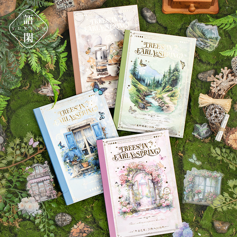 Materiales retro de lenguaje ocio pet pegatinas de doble penetración de este árbol de principios de primavera estilo artístico decoración de campana de mano collage base