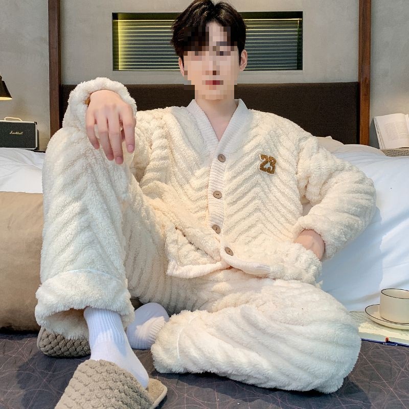 Men's Flannel Cardigan Thickeneded Pajamas Men's Winter Autumn and Winter Coral Velvet Casual Fleece-Lined Home Clothes Season