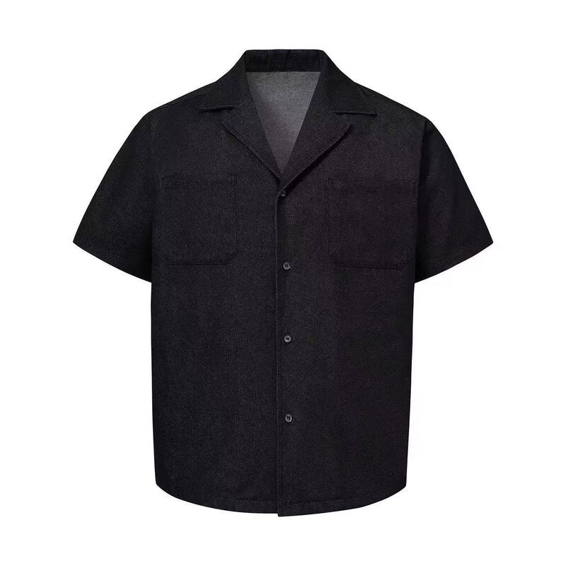 benCoste11oz yarn-dyed solid color raw denim Cuban collar men's short-sleeve shirt, loose and casual jacket for men