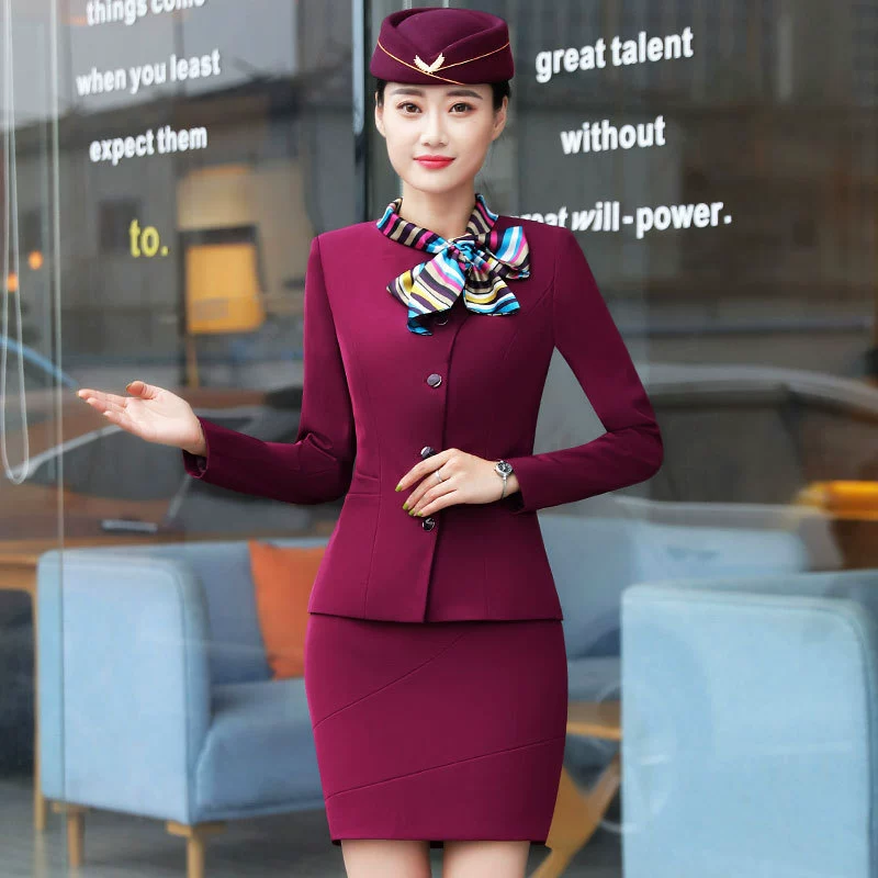 Set with bow, demi-season long-sleeve for hotel, uniform