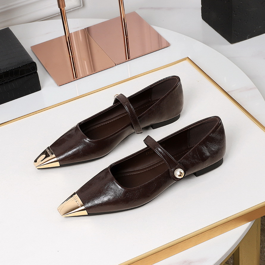 8216-1 French Evening Style Square Head Mary Jane Small Leather Shoes, Shallow Mouth Pearl Versatile One Button Strap, Low Order Shoes for Women