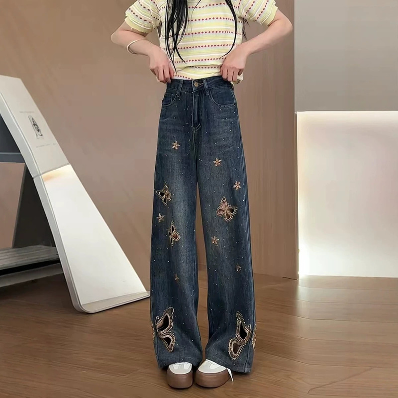 Heavy-duty butterfly embroidery, rhinestone embellished, hollow-out denim jeans for women, new summer style, high-waisted, loose-fitting, slimming, straight-leg, wide-leg trousers Heavy-duty butterfly embroidery, rhinestone embellished, hollow-out denim jeans for women, new summer style, high-waisted, loose-fitting, slimming, straight-leg, wide-leg trousers