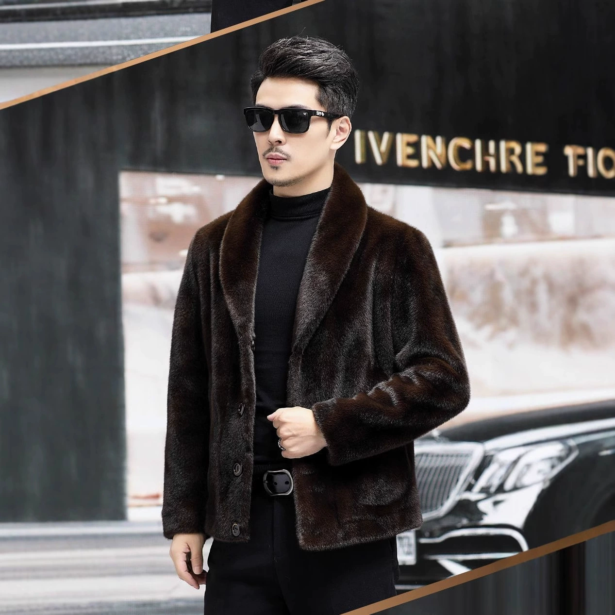 2024 золотистая норковая шерсть Haining шуба для мужчин зимой утолщена и теплая двусторонняя куртка с зеленым фруктовым воротником