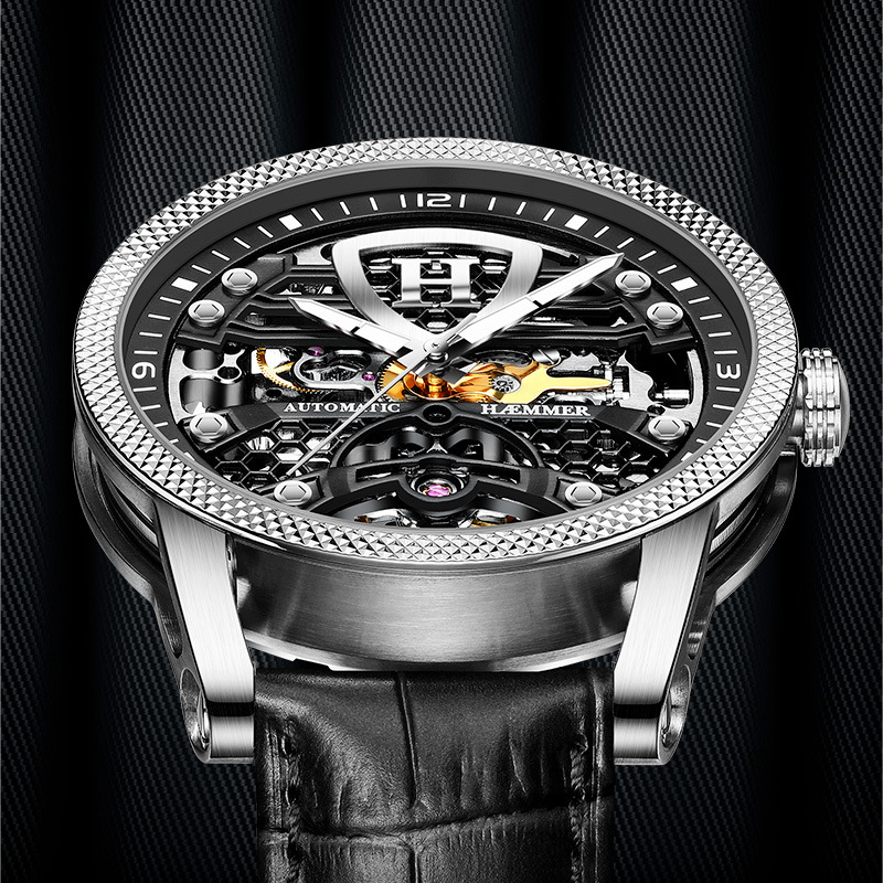 Đồng hồ nam Automatic Skeleton lộ máy phát quang chống nước Hymer — Thắt lưng cà phê mặt đen vỏ hồng, Vỏ đen mặt đen Thắt lưng đen, Vỏ Bạc mặt đen đai đen