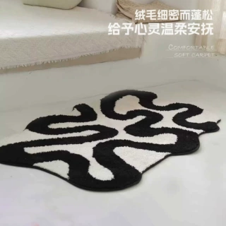 跨境黑白线条异形植绒簇绒客厅地毯卧室床边毯浴室卫生间地垫脚垫