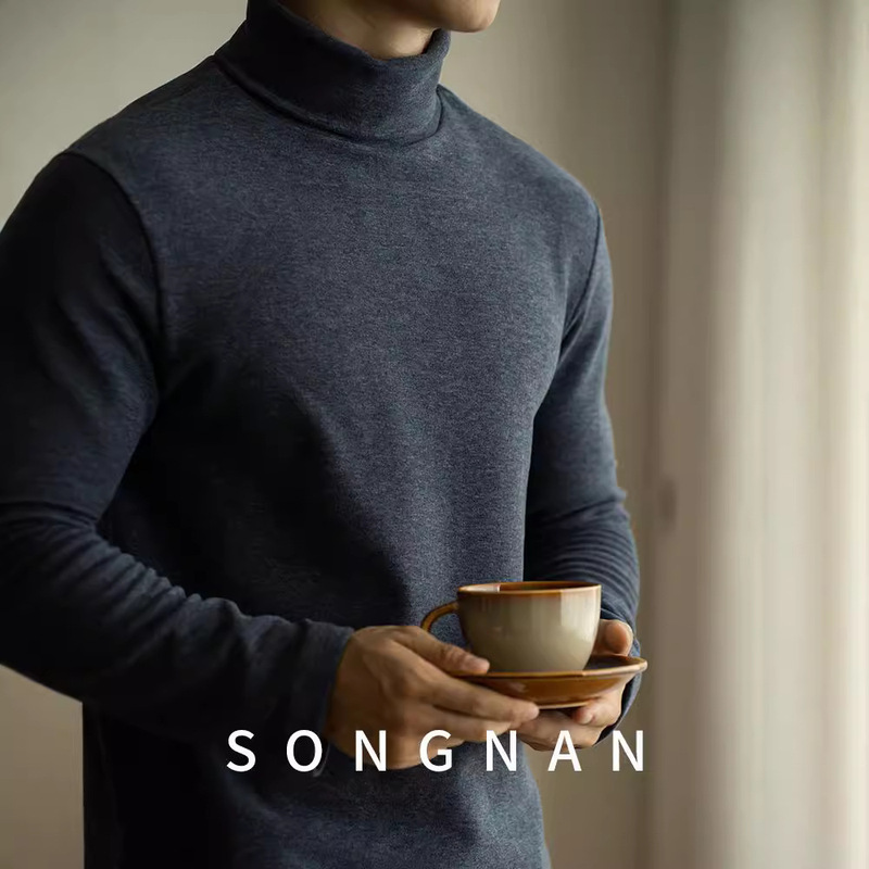 Thickened Cashmere and Mulberry Silk Spring Turtleneck Double-Sided Fleece Men's Thermal T-Shirt Versatile Base Knitwear