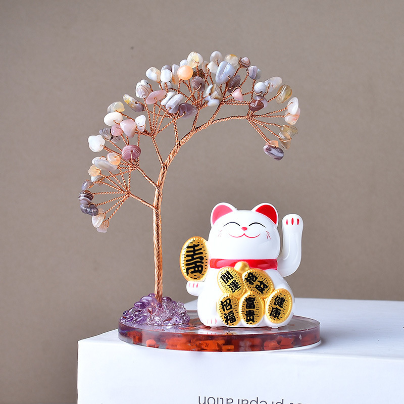 天然水晶フォーチュンツリー招き猫装飾品車ホームオフィスレジデスクトップアクセサリークリスマスギフト|undefined