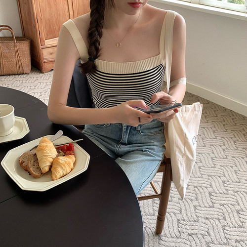 Retro striped knitted camisole women's  summer new short style inner wear and outer wear hot girl bottoming top