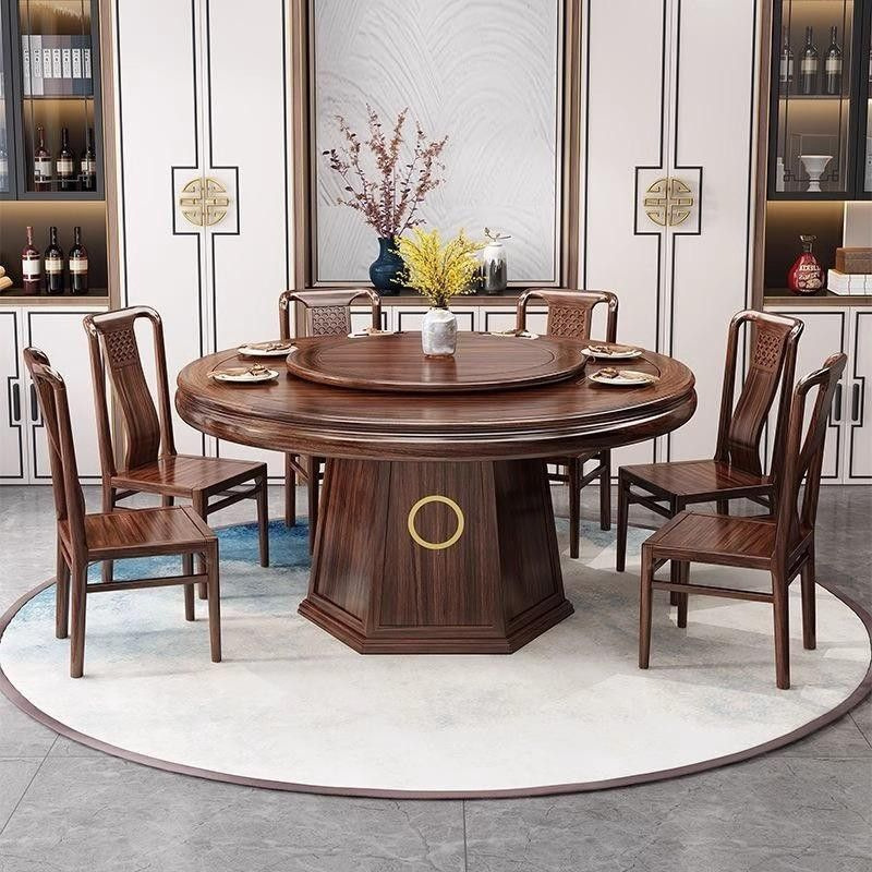 Ebony Wood Round Dining Table with Turntable Modern Chinese Style Home Restaurant Large Size All Solid Wood Dining Table and Chair Combination Dining Table