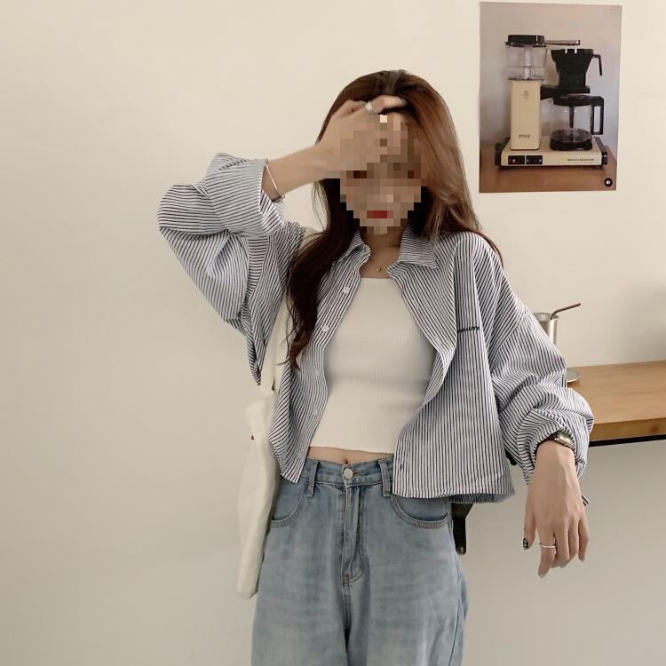 韩版高腰上衣女竖条纹短款刺绣衬衫慵懒风计感长袖防晒衬衣外套潮|undefined