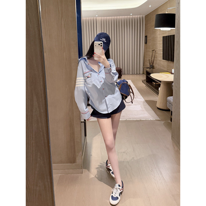 Academy Style Tb Puppy Embroidery Shirt for Women, Classic Four-Stripe Red, White, and Blue Webbing, Loose Fit Long-Sleeve Shirt for Spring