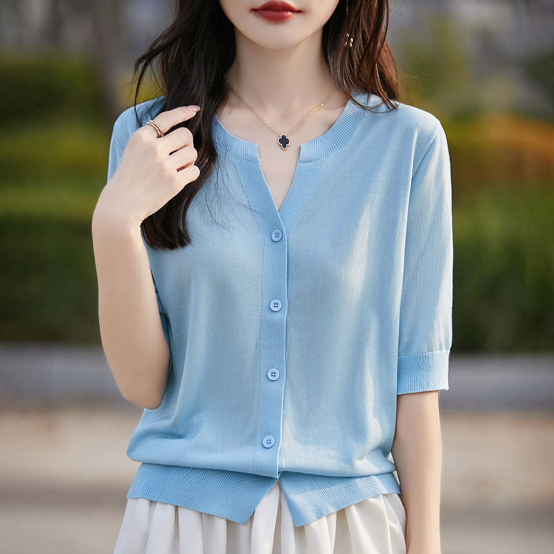 Tencel Half Sleeve Knitted Sweater Women's Cardigan Scissor Collar Loose Slim-fit New Style Simple All-match Half Sleeve Top