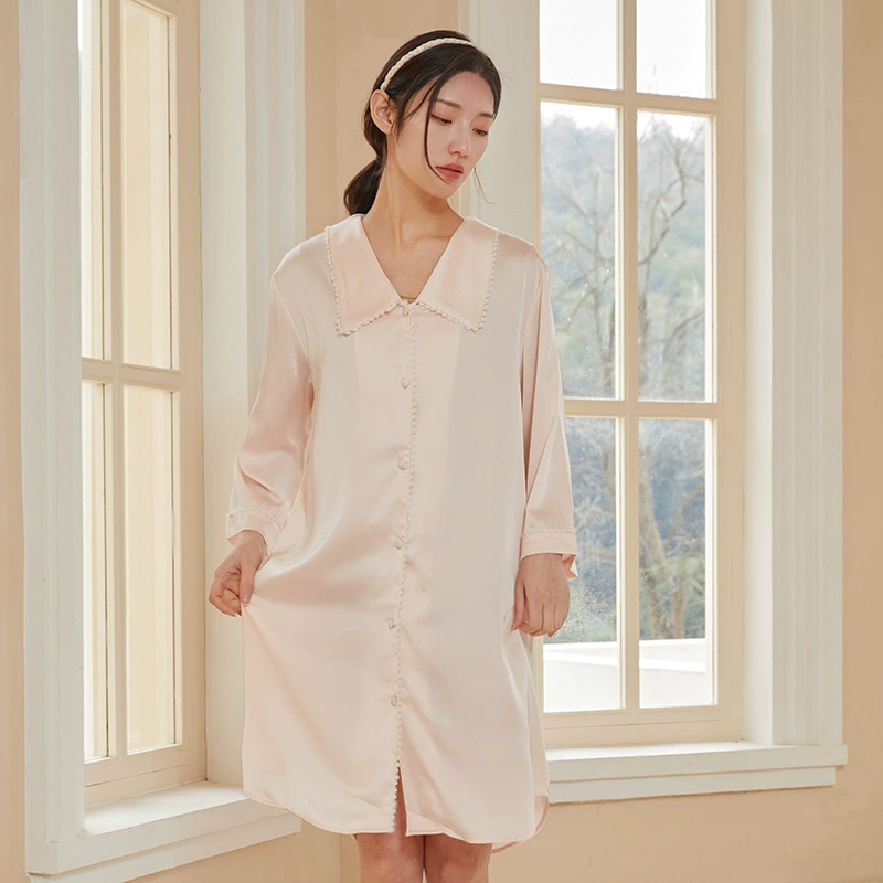 Ночная рубашка женская летняя ночная рубашка из ледяного шелка Женская Весенняя тонкая Свободная рубашка с длинным рукавом в стиле ретро с острым воротником Милая однотонная Пижама