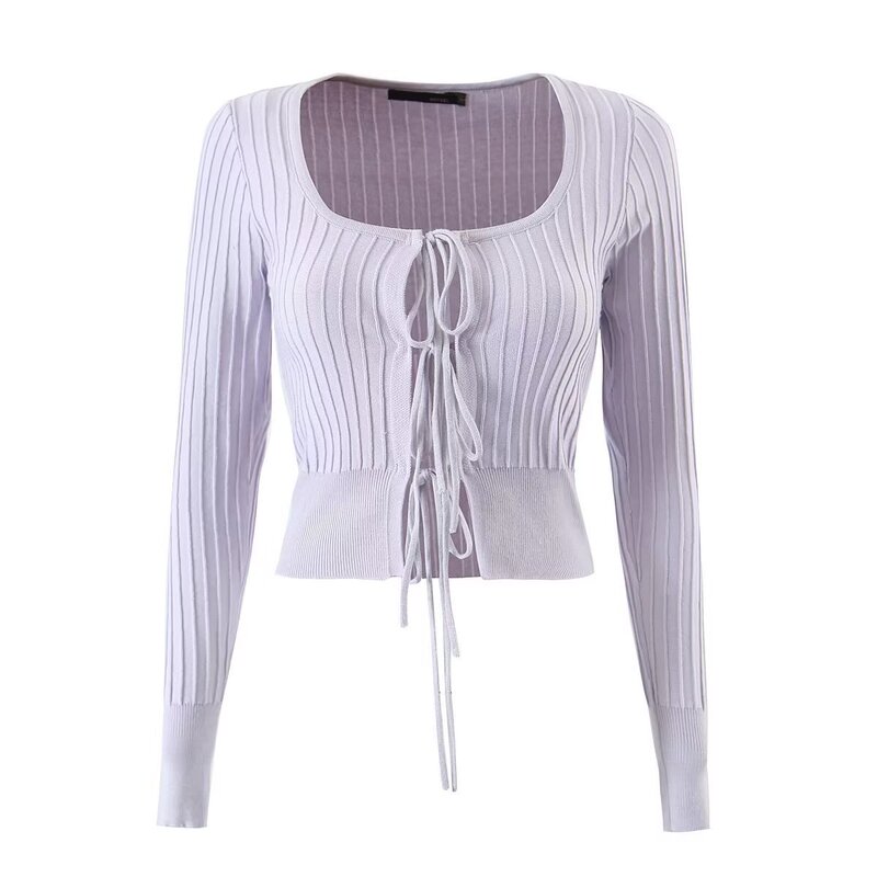 French Style Square Collar Long Sleeve Sweater Women's European and American Retro Tight Waist Top Front Strap Hollow Design Sexy Base Shirt