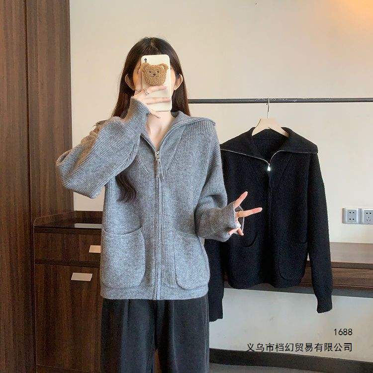 New style lapel zipper sweater knit cardigan, autumn and winter new slimming loose and casual top, stylish and flattering New style lapel zipper sweater knit cardigan, autumn and winter new slimming loose and casual top, stylish and flattering