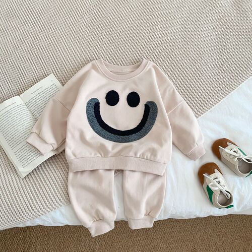ins Korean style baby suit spring and autumn cartoon male and female baby fashion smiling face rainbow long-sleeved sweatshirt and trousers