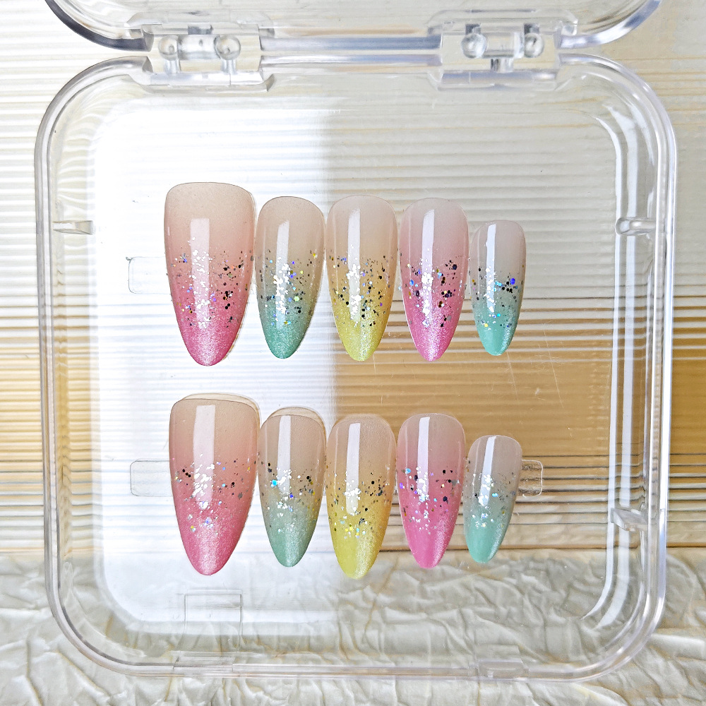 Arco iris lentejuelas almendras uñas vestidas a mano atmósferas coloridas uñas 10 piezas parche de uñas ojo de gato