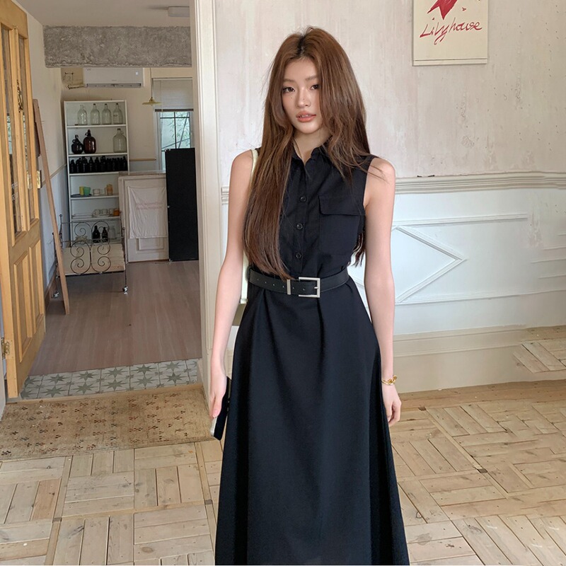 Yihaojia French Style Dress Women's New High-End Waist Slimming Look Sleeveless Shirt Long Skirt