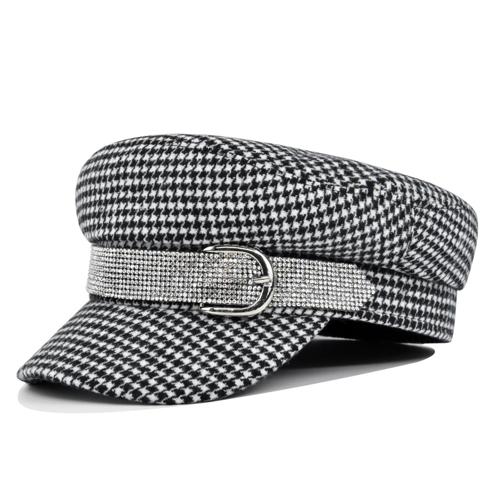 Women's Basic Retro Houndstooth Rhinestone Chain Curved Eaves Military Hat display picture 3