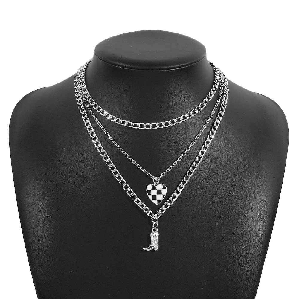 Checkerboard Love Boots Multilayer Necklace Exaggerated Punk Necklace display picture 2