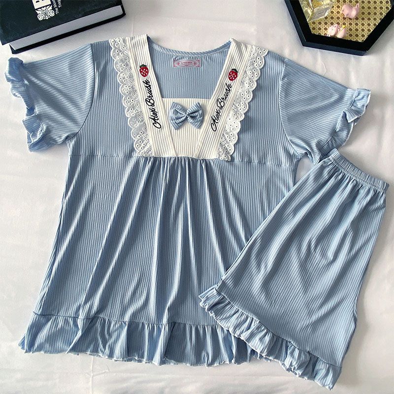 Pijama de verano mujer dulce encaje suelto con cuello en v pantalones cortos de manga corta estilo princesa estudiantes lindos pueden usar hilo de seda de hielo afuera