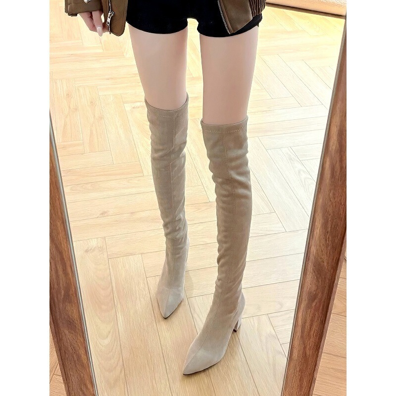 Pointed-toe, over-the-knee high-heeled boots for women, 2025 autumn/winter new collection, featuring a chunky heel, elastic material, and a slimming effect, creating a long and slender silhouette Pointed-toe, over-the-knee high-heeled boots for women, 2025 autumn/winter new collection, featuring a chunky heel, elastic material, and a slimming effect, creating a long and slender silhouette