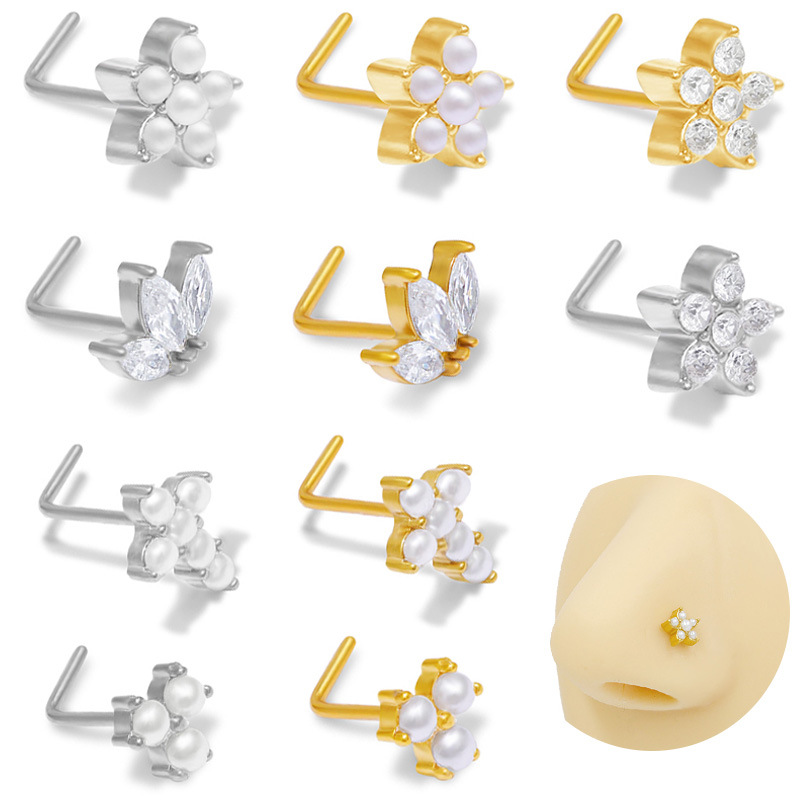 Classic Pearl And Zircon Petal Nose Stud In Stainless Steel_voghion.com
