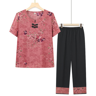 Grandma's Summer Short-Sleeved T-Shirt, Middle-Aged and Elderly Women's Tops 2025 New Mother's Style Summer Suit
