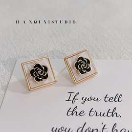 小香风方形滴油山茶花耳钉复古高级感ins小众设计法式轻奢耳饰女