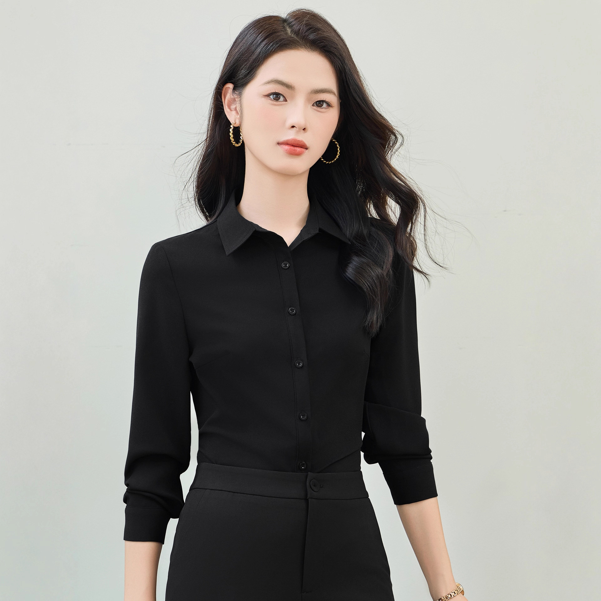 2025秋季新款职业黑色衬衫女小个子可外穿衬衣套装商务休闲套装