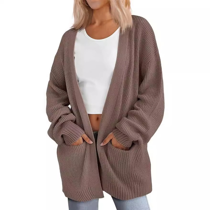 Long Knitted Cardigan Women's 2024 Autumn and Winter European and American Knitted Loose Pocket V-neck Knitted Sweater Jacket