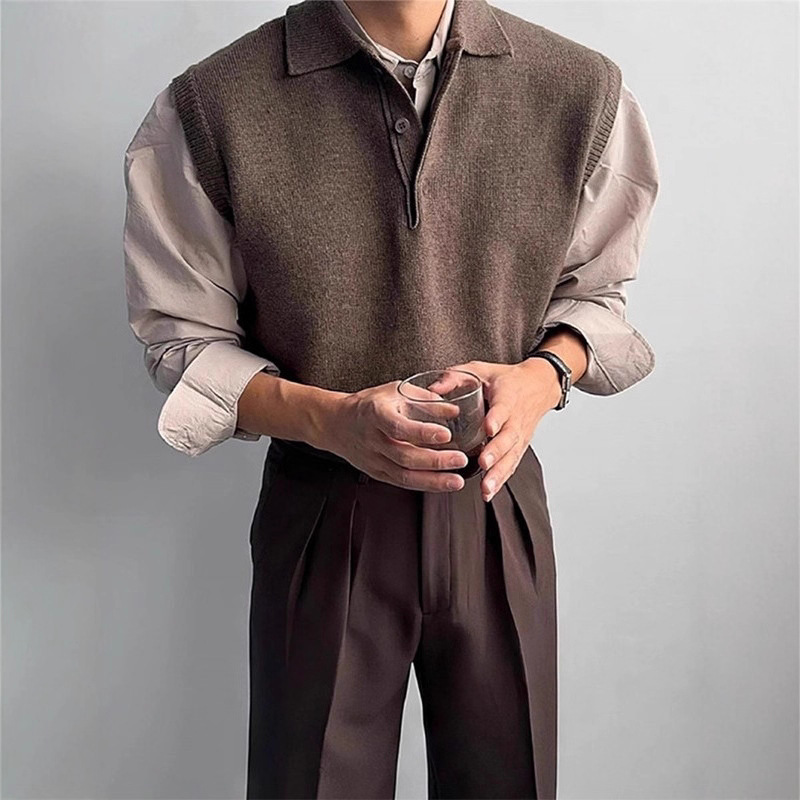 Old Money Style Brown Knit Polo Shirt Sleeveless Vest Men's Autumn Trendy Brand High-End Base Sweater