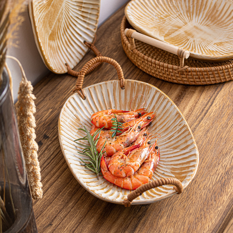 Handcrafted Textured Coarse Pottery Plate with Hemp Rope Double Handles, Oval Ceramic Dish, Vintage Homestay Plate, Fruit Plate, Light Luxury Retro