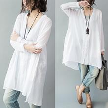 2023春季韩国this女装新款大V领宽松大码长袖文艺水洗棉麻衬衫 薄