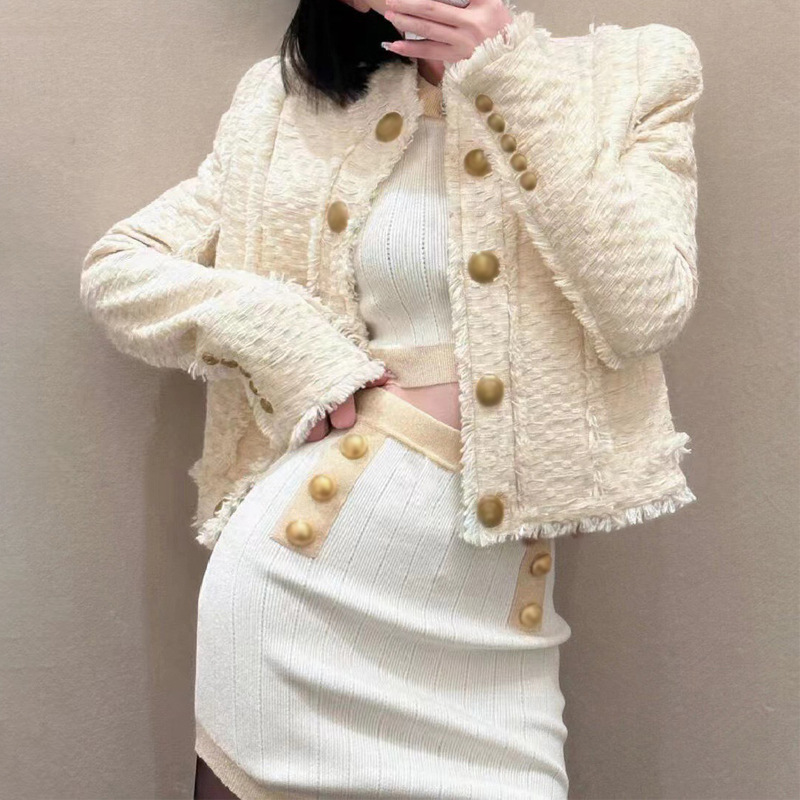 Nanyou High-End Women's Clothing B Brand French Retro Stand Collar Short Slim-Fit Double-Breasted Tweed Jacket Nanyou High-End Women's Clothing B Brand French Retro Stand Collar Short Slim-Fit Double-Breasted Tweed Jacket