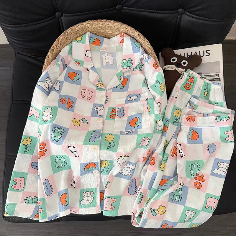 Pijamas de algodón nubes al por mayor transfronterizos de otoño de dibujos animados lindos pantalones de manga larga de dibujos animados cardigan con solapa set de ropa para el hogar