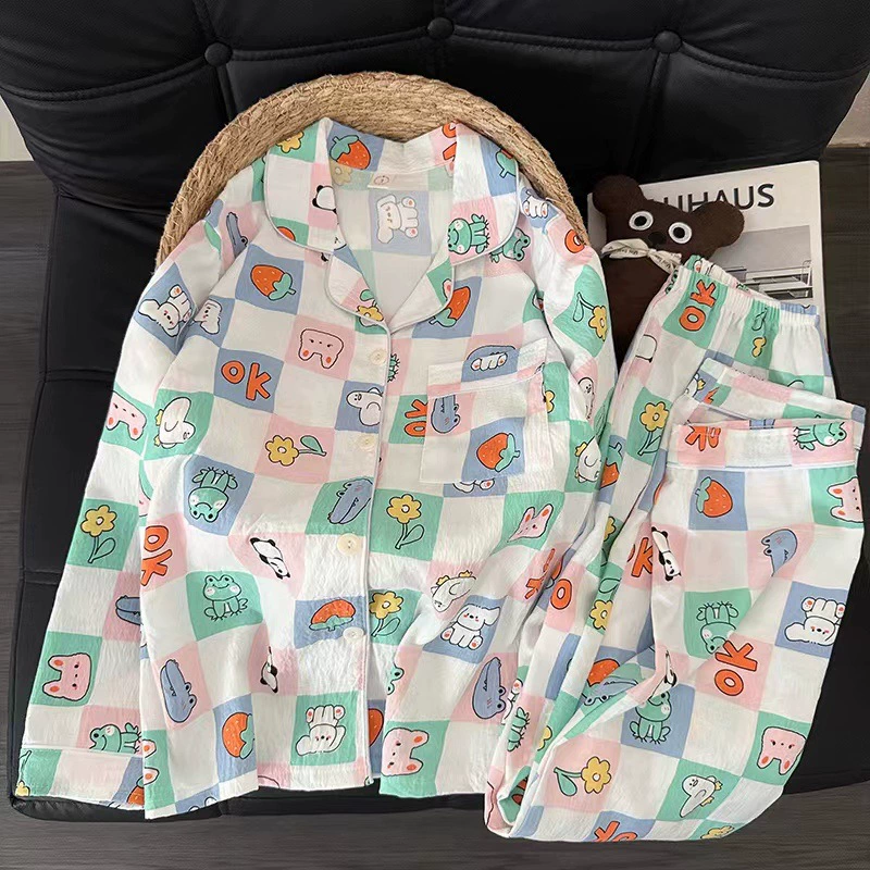 Autumn Cartoon Pajama Set — Long-Sleeve Top, Trousers & Cardigan, Sizes M–XXL, Multi-Color