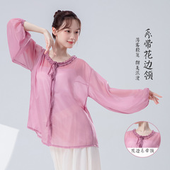 古典舞蹈服女新款系带甜美花边领长袖开衫修身日常演出练功服上衣