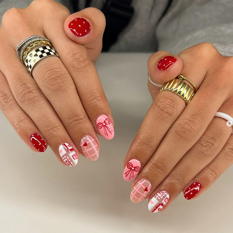Valentine's Day Cross-Border Press-On Nails Short Round Bright Pink Heart Sweet Polka Dot Bow Wearable Nails 24 Pieces Valentine's Day Cross-Border Press-On Nails Short Round Bright Pink Heart Sweet Polka Dot Bow Wearable Nails 24 Pieces