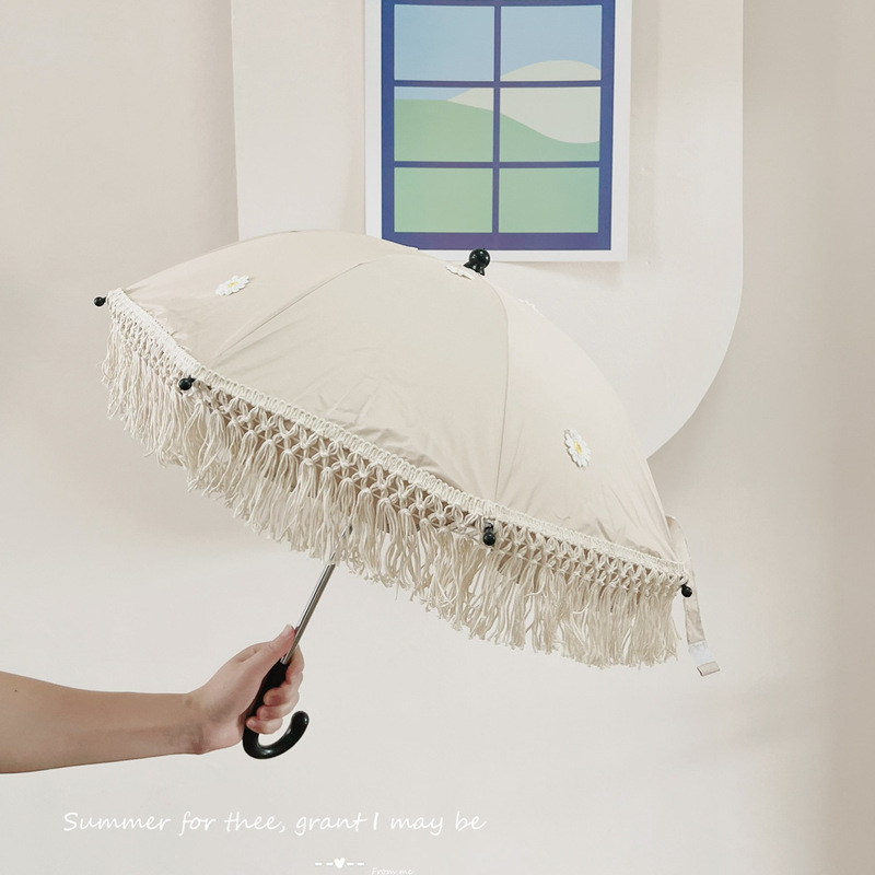 Ins South Korea Embroidered Bear Bohemian Tassel Baby Outdoor UV Protection Silver Glue Sun Umbrella Ins South Korea Embroidered Bear Bohemian Tassel Baby Outdoor UV Protection Silver Glue Sun Umbrella