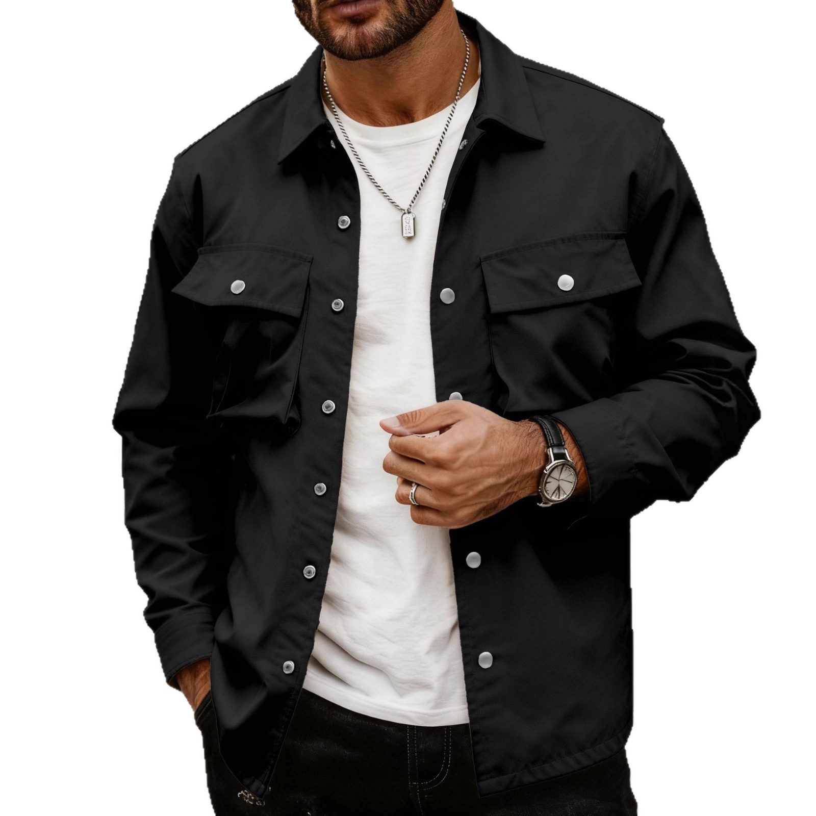 Monochrome Man- Euroean And American Sring/Autumn Cross-Border Men's Casual Fashion Multi-Pocket Jacket Solid Color Workwear_voghion.com