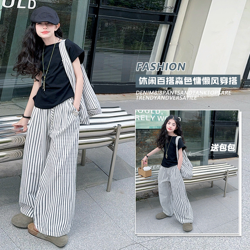 Girls summer suit 2025 new girls western style Korean loose short sleeve T-shirt striped wide leg pants two-piece set