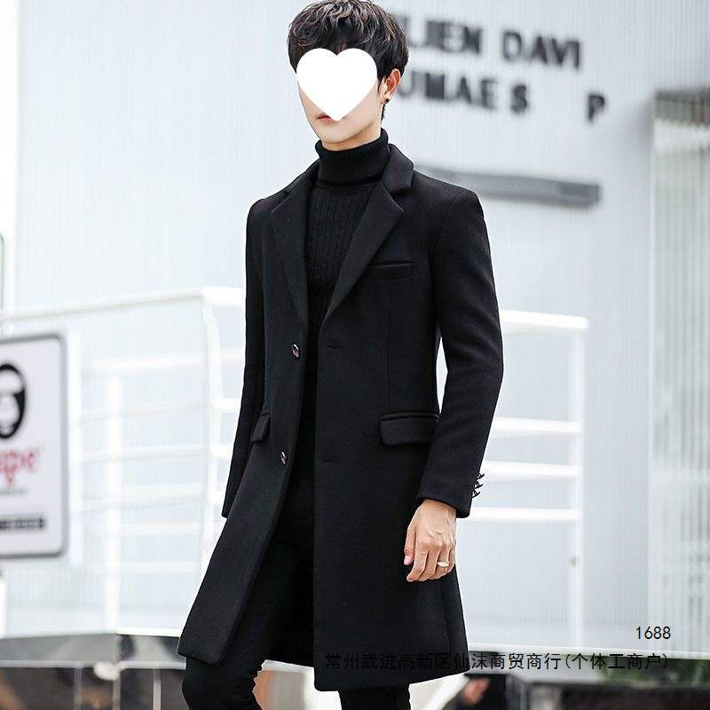 Men's trench coat, new autumn/winter style, Korean style, slim fit, handsome, mid-length woolen coat, padded and thickened woolen overcoat.